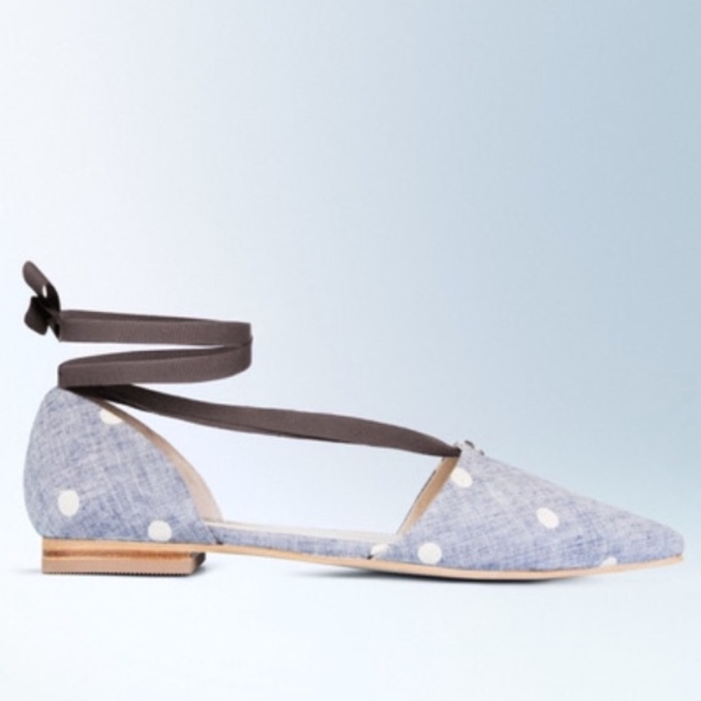 Boden Florence Chambray Polka Dot Pointed Toe Ankle Strap Flats Gray EU 38/US 7